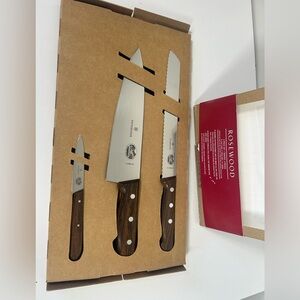 NEW Swiss Army-Victorinox German Made 3-Piece Wood Knife Set with Brown Handles